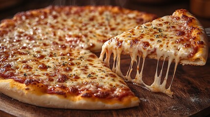 Melted cheese stretching as a pizza slice is pulled revealing a warm cheesy treat