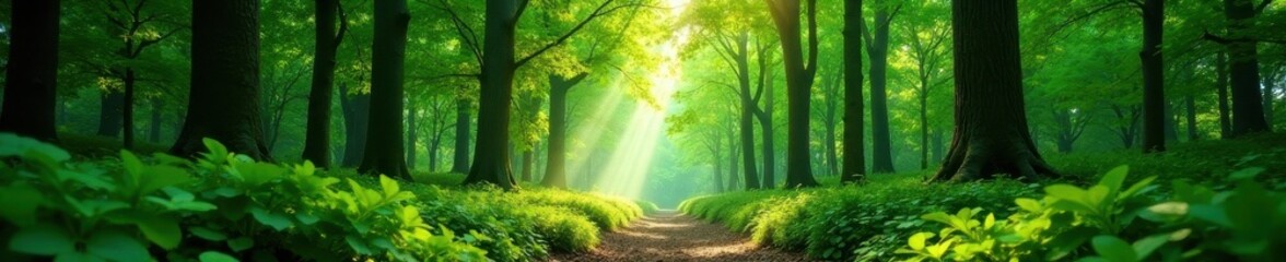 Obraz premium Vibrant green canopy, sunlight dappled forest floor, high angle, ecosystem