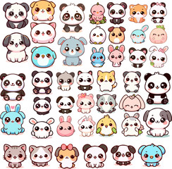 Cute kawaii animals vector set