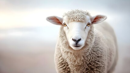 Naklejka premium A sheep with a fluffy coat and expressive eyes, standing against a soft, blurred background. Concept Fluffy Sheep, Expressive Eyes, Soft Background, Adorable Animal Portrait, Nature Photography