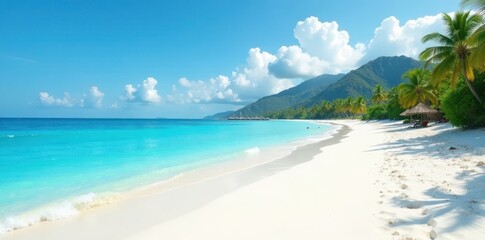 Fototapeta premium Immaculate white sand stretches along a pristine coastline , island, coastline, south