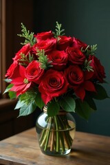 Fototapeta premium Luxurious red roses & poinsettias, festive Christmas bouquet , bouquet, flower arrangement