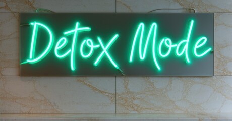 Neon sign detox mode muted jade fuchsia casting soft reflections modern health spa entrance glowing marble walls