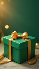 Matte green gift box, tied with a golden ribbon , elegant, bow, studio