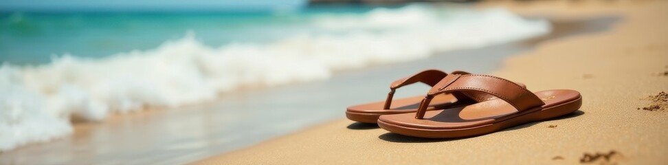 Naklejka premium Soft focus brown leather flip-flops near ocean waves on sandy beach , sandals, fashion