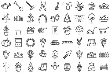 Collection of gardening icons, gardening concept, minimalist design, line art style, monochrome
