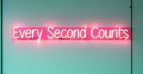 Neon sign every second counts deep crimson mint floating high performance leadership conference softly reflecting modern decor