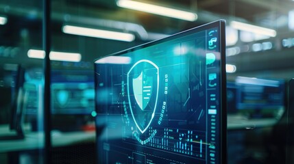 Close-up of a digital screen with a pop-up ad blocked by a shield icon, symbolizing ad-free browsing and online privacy protection in a modern workspace setting.