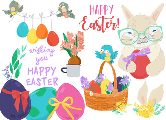 Obraz premium Happy Easter Set with Cute Bunny and Flowers