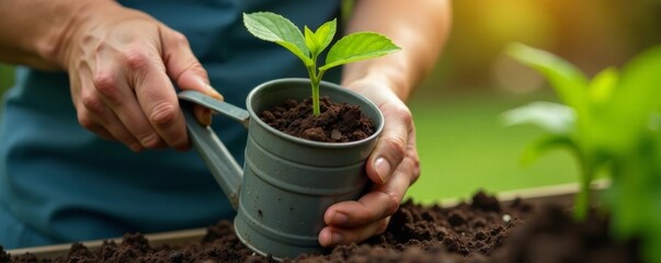 Close-up of hands holding seedlings and watering can, greenhouse gardens, fresh produce