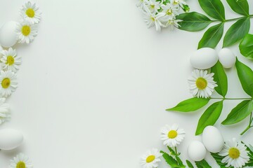 Fototapeta premium Elegant Easter composition with white flowers and eggs arranged on the right side, featuring a minimalist flat lay design with empty space for text, set against a pure white background in a high-resol