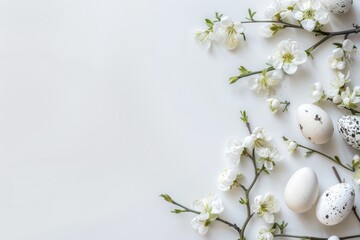 Easter Themed Background with White Flowers and Eggs on Pure White Background, Minimalist Style with Ample Space for Text