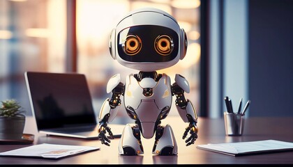 Futuristic AI robot with glowing eyes sits at an office desk, surrounded by papers, a laptop, and stationery. Modern artificial intelligence concept in a high-tech work environment.