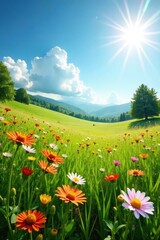 Fototapeta premium Sun-drenched meadow, wildflowers dance in breeze, natural beauty, swaying, bright