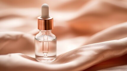 Naklejka premium Small elegant glass bottle with dropper containing clear liquid on neutral fabric, minimalist design with label-free simplicity, conveying calm and safety, ample copy space for text or design.