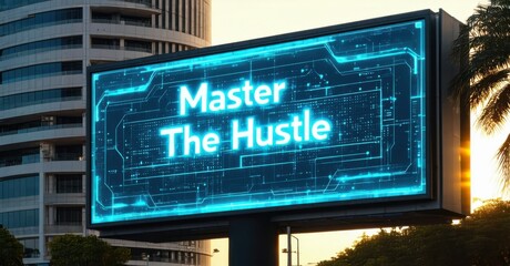 Futuristic digital billboard master hustle electric cyan bold silver reflecting golden sunset corporate headquarters