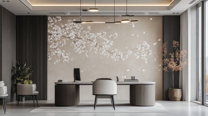 Modern office reception, cherry blossom wall, calm background, business interior design