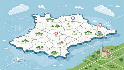 Fototapeta premium Illustrated Map with Landmarks and Geographic Features