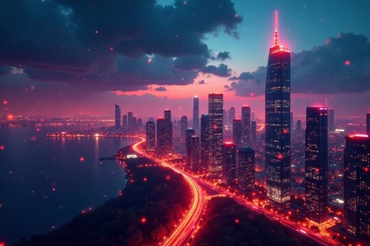 Futuristic cityscape with glowing skyscrapers and network connections , digital arts, digital visualization