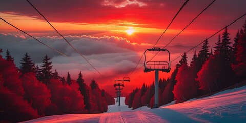 Breathtaking view from ski lift over snow-covered mountain slope with dramatic red forest and vibrant sunset sky, blending winter scenery and surreal natural colors in alpine setting

