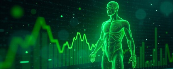 Holographic graphs and glowing green data stream around a digital human figure in space, graph, ambient