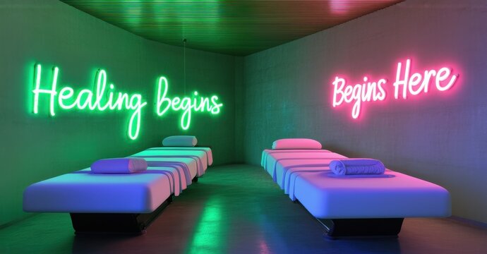 Neon sign healing begins here deep emerald pink mounted inside high tech wellness center softly illuminating futuristic floating therapy beds