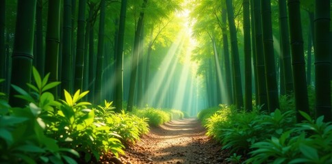 Obraz premium Thick bamboo grove, sunlight filtering through, photography, light