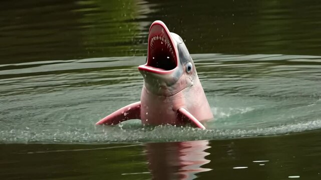 Rare Amazon river dolphin emerging from murky water with its mouth open in a natural habitat

