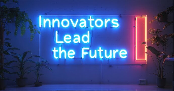 Naklejki Neon sign innovators lead future cyber indigo bright coral glowing inside ai powered business hub softly illuminating futuristic office designs
