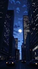 A nighttime urban scene with tall buildings and a bright moon illuminating the street.