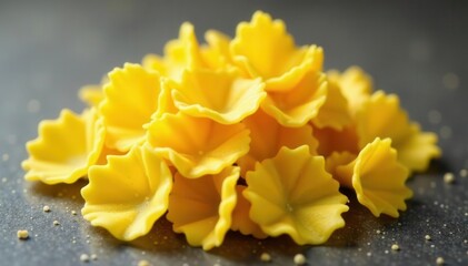 Uneven, porous farfalle; golden yellow pasta macro , natural, food styling, wheat