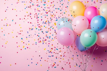 Pastel balloons and confetti on pink background. (1)