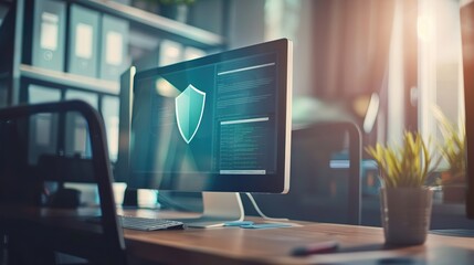 Close-up of a digital screen with a pop-up ad blocked by a shield icon, symbolizing ad-free browsing and online privacy protection in a modern workspace setting.