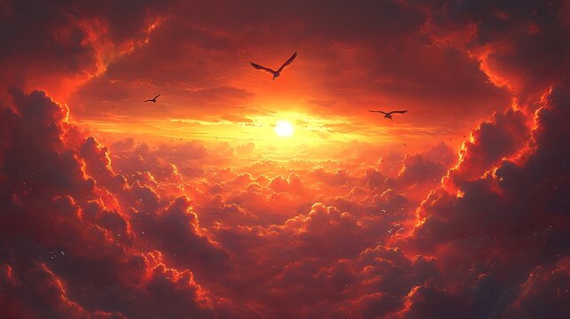 Animals leaping across a magical sunset cloudscape where warm and cool colors create a surreal atmosphere