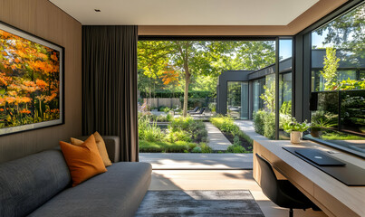 Modern home office with garden view