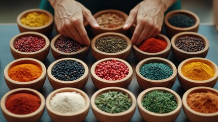 Fototapeta premium Various Colorful Spices in Wooden Bowls Arranged on a Table