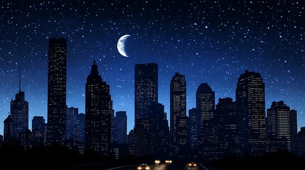 A serene night cityscape with a crescent moon and stars illuminating the skyline.