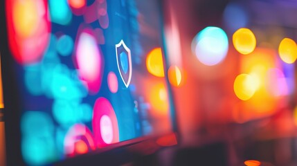 Close-up of a digital screen with a pop-up ad blocked by a shield icon, symbolizing ad-free browsing and online privacy protection in a modern workspace setting.