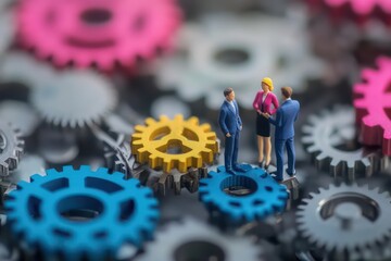 A career growth concept depicting a manager and an employee with interlinked mechanical gears, representing mentorship.