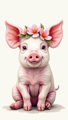 Naklejka premium Adorable piglet wearing delicate flower crown, watercolor style, pet, countryside, summer