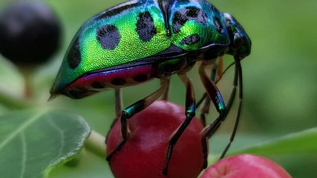 Stunning jewel bug with vibrant color wings rests on a green leaf in a summer garden, captured in a close-up macro shot, showcasing the fascinating world of insect fauna and garden wildlife in nature.