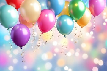 Colorful balloons with ribbons against a bokeh background.