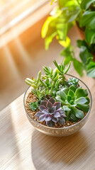 Succulent terrarium in glass bowl on wooden table
