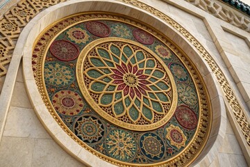 Naklejka premium Beautifully designed circular frame adorned with colorful flowers and golden details, perfect for creating a luxurious, decorative background