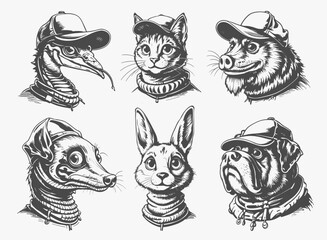 Set of funny animals head cat, dog, rabbit, bunny, snake. Vector illustration for your design