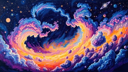 Abstract Cosmic Cloud Formation with Stars and Planets in Space