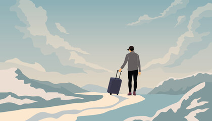 solitude travel therapy, healing practice concept, lonely man walking alone with luggage in  quiet winter landscape, gloomy sky,  travel and holiday , vector cartoon