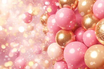 Pink and gold shiny spheres, bokeh background.