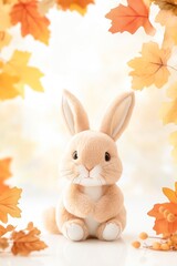 Obraz premium A soft toy rabbit sits amidst vibrant autumn leaves, creating a cozy, seasonal atmosphere perfect for marketing fall-themed products, children's toys, or family-oriented events,