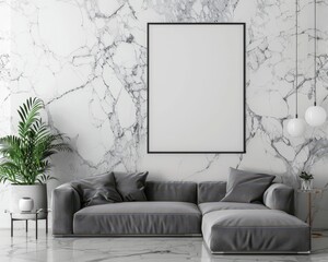 Modern living room interior with a gray sofa. marble wall. and a blank poster frame